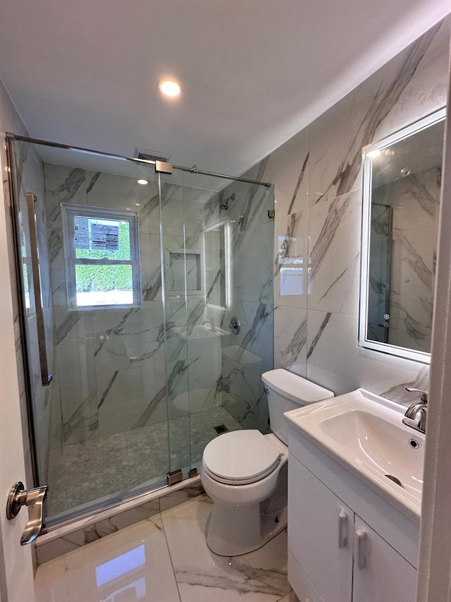 40 Allen St, New Hyde Park, NY 11040 - bathroom featuring marble look tiles, a marble finish shower, vanity, toilet, and recessed lighting
