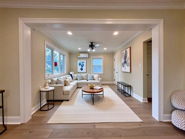 40 Allen St, New Hyde Park, NY 11040 - living area with wood finished floors, baseboards, ornamental molding, recessed lighting, and ceiling fan