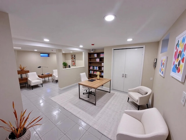 40 Allen St, New Hyde Park, NY 11040 - living area featuring recessed lighting, light tile patterned floors, and an office area