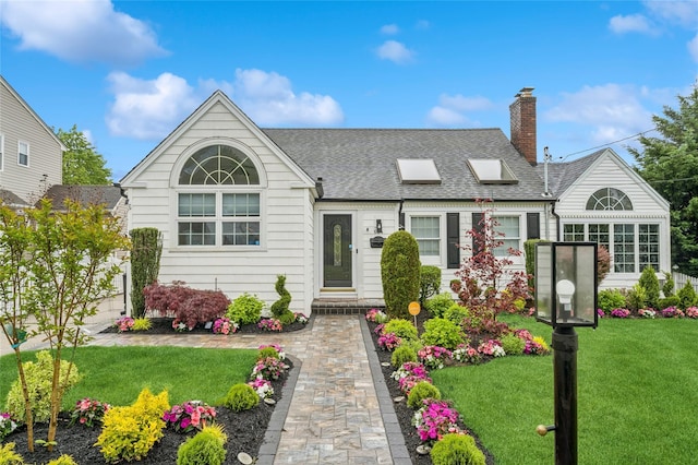 694 The Fenway, Baldwin, NY 11510 - view of front of property with roof with shingles, a chimney, and a front lawn