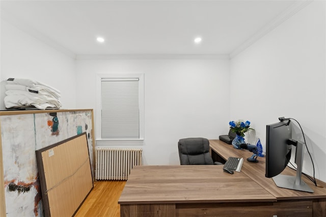 694 The Fenway, Baldwin, NY 11510 - office area featuring radiator heating unit, ornamental molding, light wood-style flooring, and recessed lighting