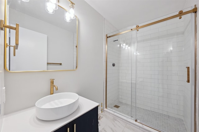 400 High Point Dr Unit 313, Hartsdale, NY 10530 - bathroom featuring a stall shower, marble look tiles, and vanity