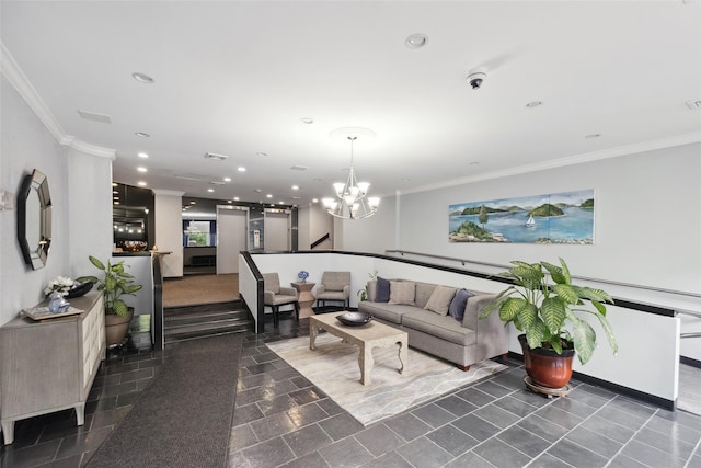 400 High Point Dr Unit 313, Hartsdale, NY 10530 - living room featuring ornamental molding, a chandelier, recessed lighting, and dark tile patterned floors