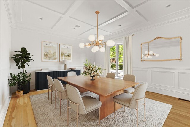 7 Beverly Rd, Kensington, NY 11021 - dining area featuring a chandelier, coffered ceiling, light wood-type flooring, ornamental molding, and beamed ceiling