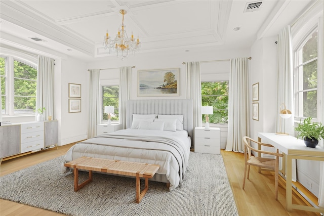 7 Beverly Rd, Kensington, NY 11021 - bedroom featuring a chandelier, light wood-style floors, and coffered ceiling