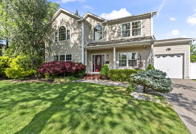 traditional home featuring a garage, decorative driveway, and a front lawn
