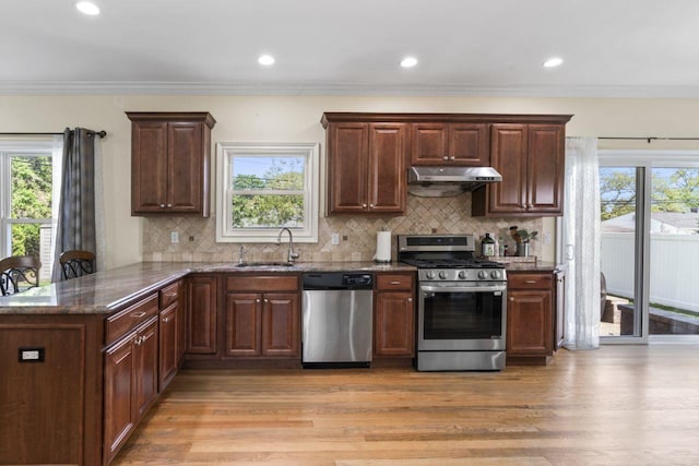 kitchen featuring appliances with stainless steel finishes, under cabinet range hood, a sink, light wood-style floors, and dark stone counters