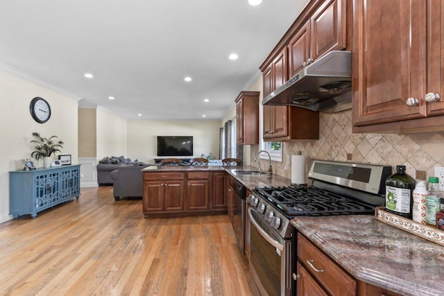 kitchen with appliances with stainless steel finishes, under cabinet range hood, crown molding, a sink, and dark stone counters
