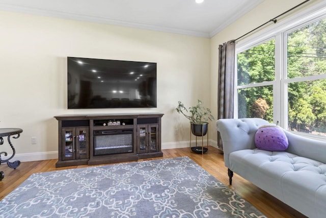 living area featuring healthy amount of natural light, ornamental molding, baseboards, and wood finished floors