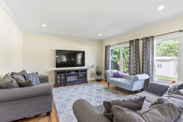living area featuring ornamental molding, baseboards, wood finished floors, and recessed lighting