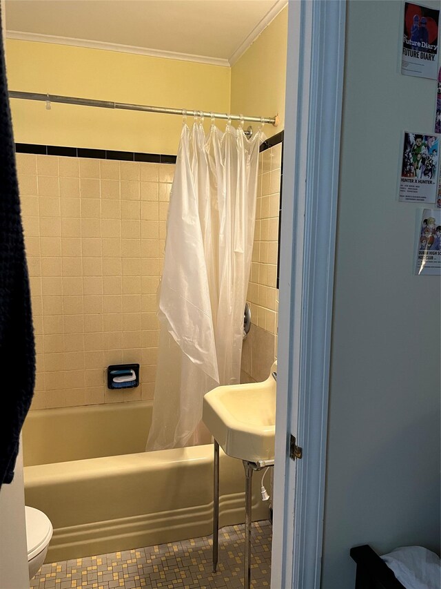 11 Acorn Ln, Stony Brook, NY 11790 - bathroom featuring ornamental molding, toilet, shower / bathtub combination with curtain, and tile patterned flooring
