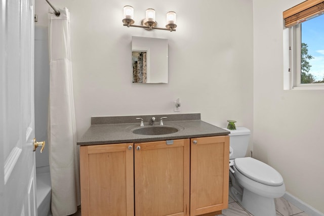 1303 Eagles Ridge Rd, Brewster, NY 10509 - bathroom with toilet, vanity, a shower with shower curtain, and baseboards