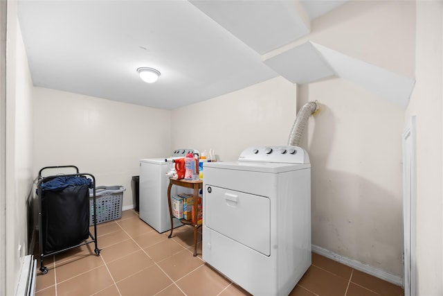 175 N Columbus Ave, Freeport, NY 11520 - washroom featuring separate washer and dryer, light tile patterned flooring, a baseboard heating unit, and baseboards