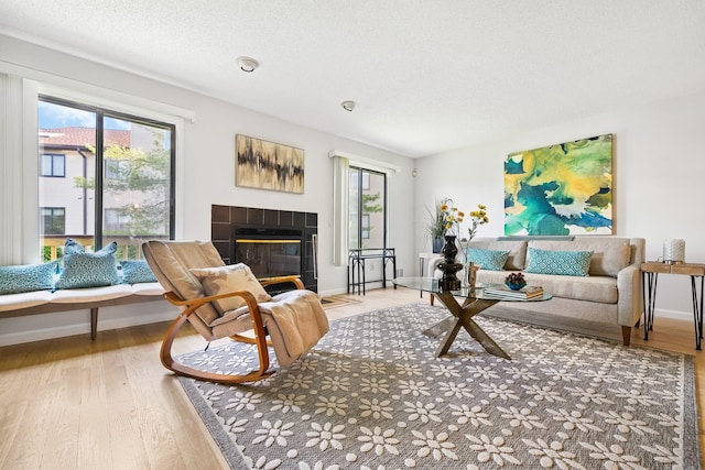 living room featuring wood finished floors, plenty of natural light, a fireplace, and baseboards