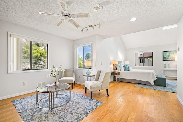 bedroom with multiple windows, a textured ceiling, light wood-style flooring, and baseboards