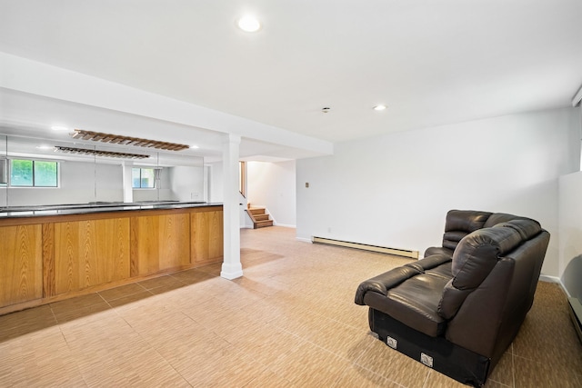 living room featuring a baseboard radiator, stairs, recessed lighting, baseboards, and light colored carpet