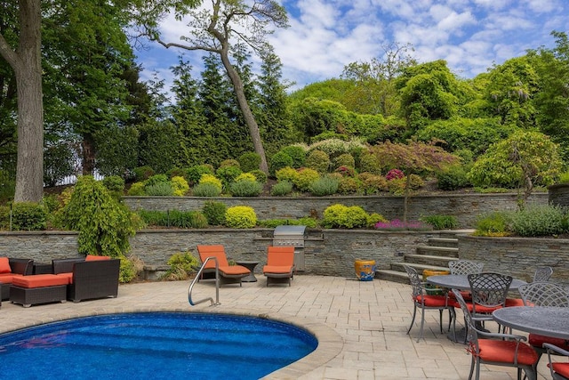 swimming pool featuring a patio, an outdoor hangout area, and area for grilling