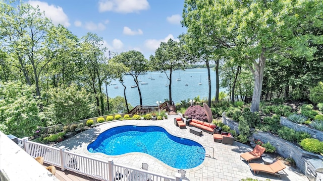 12 Sunset Path, Port Jefferson, NY 11777 - view of pool with outdoor lounge area, a patio, and a deck with water view