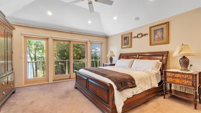 12 Sunset Path, Port Jefferson, NY 11777 - bedroom with light carpet, access to exterior, vaulted ceiling, recessed lighting, and a ceiling fan