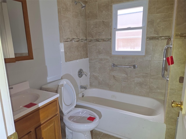 full bathroom with toilet, vanity, and shower / tub combination
