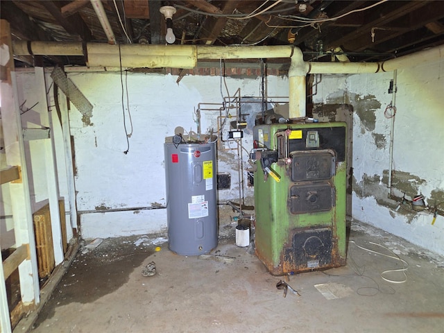 unfinished below grade area with water heater and a heating unit