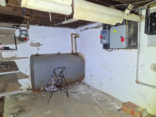 unfinished basement featuring electric panel, heating fuel, and gas meter