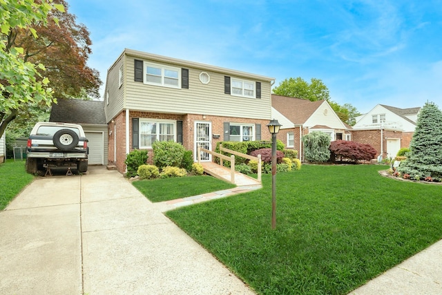 11 Durham Rd, New Hyde Park, NY 11040 - colonial home with brick siding, a front lawn, an attached garage, and concrete driveway