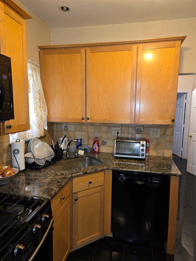 3915 Clarendon Rd, Brooklyn, NY 11203 - kitchen with black appliances, a sink, backsplash, and dark stone countertops