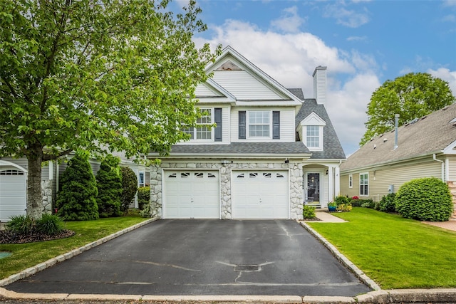 40 Ethan Cir, Middle Island, NY 11953 - traditional-style house with asphalt driveway, stone siding, a front yard, roof with shingles, and an attached garage