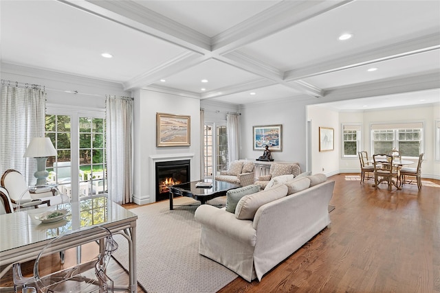 living room featuring a glass covered fireplace, beamed ceiling, ornamental molding, wood finished floors, and plenty of natural light