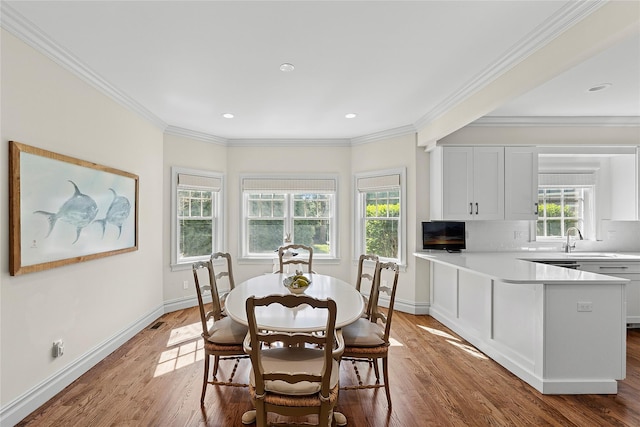 dining room featuring wood finished floors, ornamental molding, baseboards, and recessed lighting