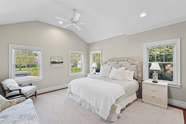 bedroom with multiple windows, wood finished floors, baseboards, lofted ceiling, and recessed lighting