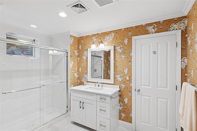full bath with wallpapered walls, a stall shower, crown molding, vanity, and recessed lighting