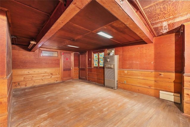 empty room with wood walls, wood ceiling, wood finished floors, and beamed ceiling