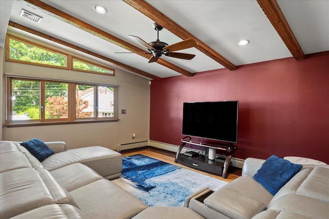 190 1st St, Buchanan, NY 10511 - living area with ceiling fan, wood finished floors, baseboards, a baseboard heating unit, and recessed lighting