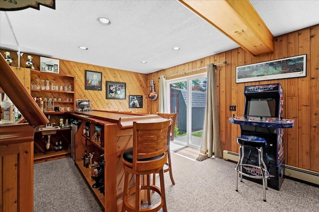 190 1st St, Buchanan, NY 10511 - indoor dry bar with carpet floors, wooden walls, a textured ceiling, recessed lighting, and a baseboard heating unit