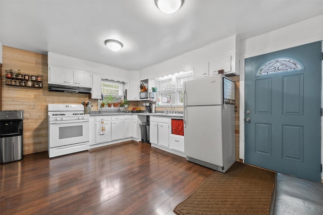 17 Sylvan Lake Rd, Lagrangeville, NY 12540 - kitchen with white appliances, under cabinet range hood, white cabinetry, a sink, and dark wood-style floors