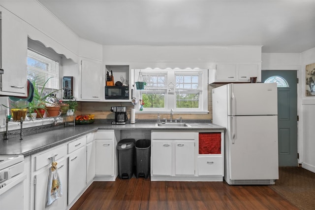 17 Sylvan Lake Rd, Lagrangeville, NY 12540 - kitchen with white appliances, a sink, dark wood finished floors, white cabinetry, and dark countertops