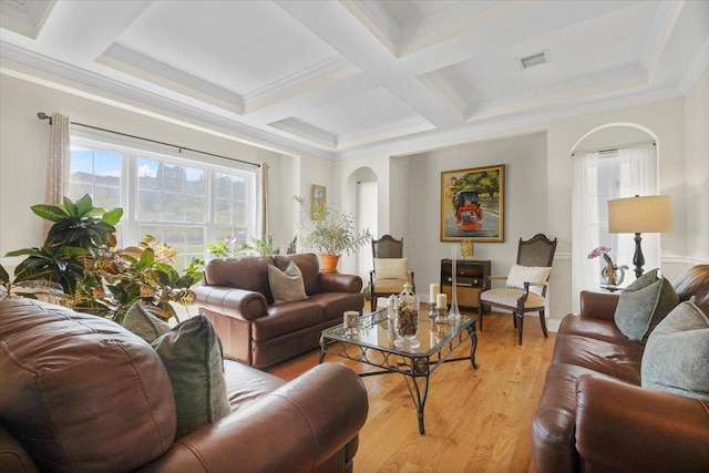 8 Tanyas Ct, Monroe, NY 10950 - living area with arched walkways, light wood-type flooring, coffered ceiling, beam ceiling, and crown molding