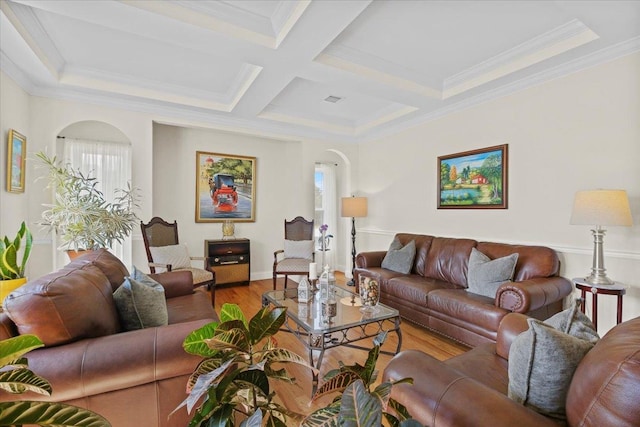 8 Tanyas Ct, Monroe, NY 10950 - living room with wood finished floors, beamed ceiling, crown molding, coffered ceiling, and arched walkways