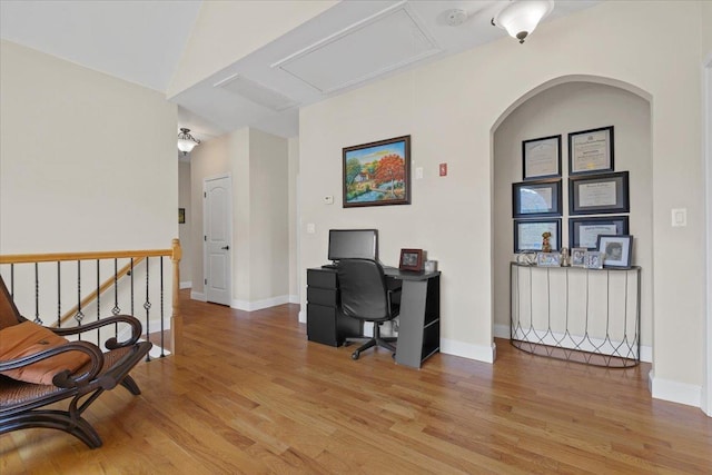 8 Tanyas Ct, Monroe, NY 10950 - office featuring light wood-style floors, arched walkways, baseboards, and attic access