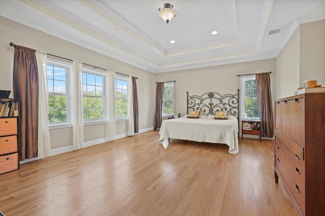 8 Tanyas Ct, Monroe, NY 10950 - bedroom featuring light wood-type flooring, crown molding, a tray ceiling, recessed lighting, and baseboards