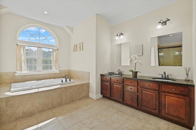 8 Tanyas Ct, Monroe, NY 10950 - bathroom featuring tile patterned flooring, a bath, double vanity, and a shower stall