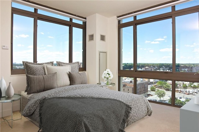 bedroom with floor to ceiling windows and carpet