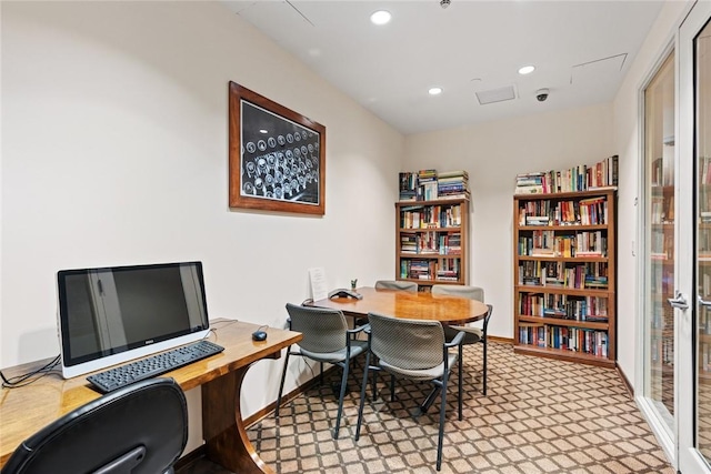 office space featuring recessed lighting and baseboards