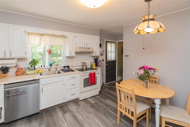 184 Cedar Valley Rd, Poughkeepsie, NY 12603 - kitchen with dishwasher, white range with electric stovetop, under cabinet range hood, a sink, and white cabinets