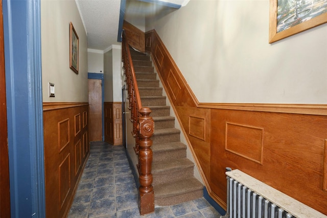284 Hemlock St, Brooklyn, NY 11208 - stairway with wainscoting, ornamental molding, and tile patterned flooring