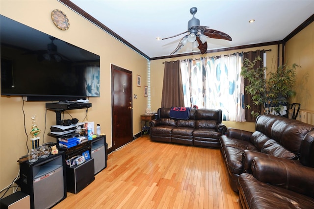 284 Hemlock St, Brooklyn, NY 11208 - living room with a ceiling fan, crown molding, and light wood-style floors