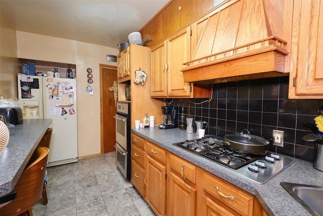 284 Hemlock St, Brooklyn, NY 11208 - kitchen with appliances with stainless steel finishes, decorative backsplash, premium range hood, and dark countertops