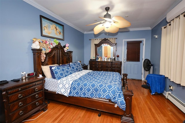284 Hemlock St, Brooklyn, NY 11208 - bedroom with a baseboard heating unit, wood finished floors, ornamental molding, and a ceiling fan